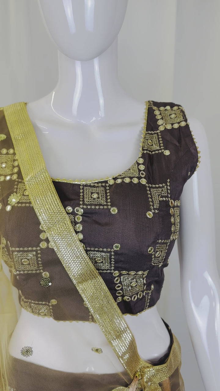 Video of Dark Purple Gold Sequin Lehenga Choli Set - Adjustable Blouse & Free-Size Skirt with Net Dupatta - Shree Shringar