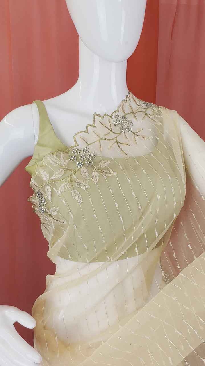 Ethereal Net Saree with Thread Work Border & Embellished Blouse Piece