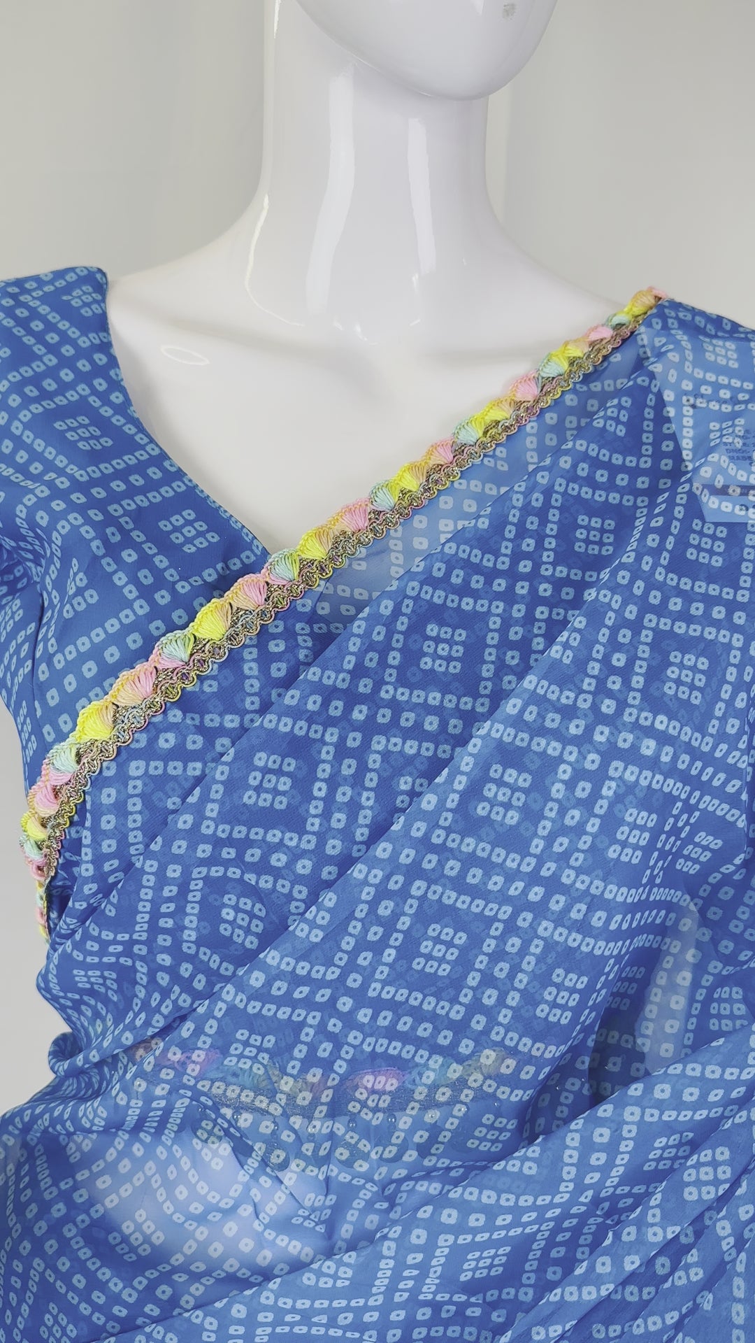 Vibrant Blue Chiffon Bandhani Print Saree with Lace Patti Border & Stitched Blouse