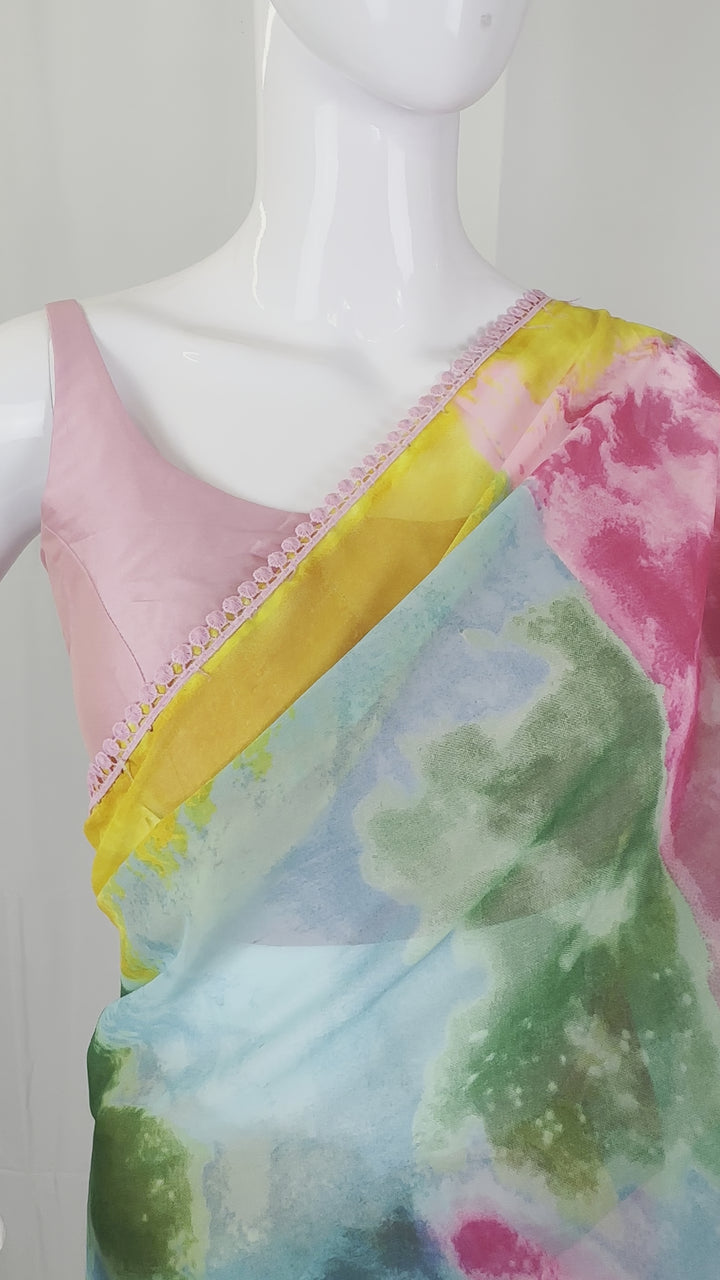 Abstract Watercolour Print Chiffon Saree with Pink Blouse Piece