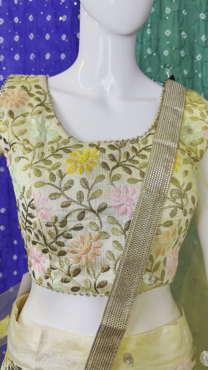 Video of Floral Thread Work Gold Lehenga Choli - Versatile Blouse Size & Elegant Net Dupatta - Shree Shringar