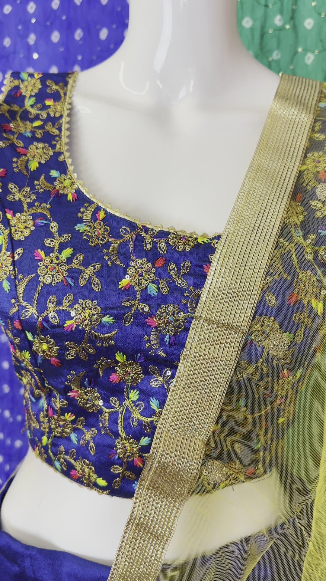 Video of Royal Blue Elegant Multicolour Floral Lehenga Choli Set - Adjustable Blouse & Flowy Free-Size Skirt with Delicate Net Dupatta - Shree Shringar