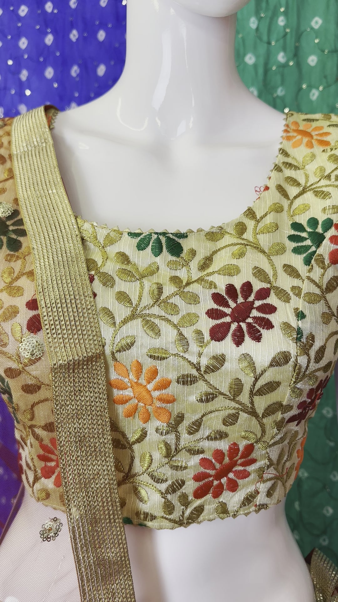 Video of Floral Thread Work Gold Lehenga Choli - Versatile Blouse Size & Elegant Net Dupatta - Shree Shringar