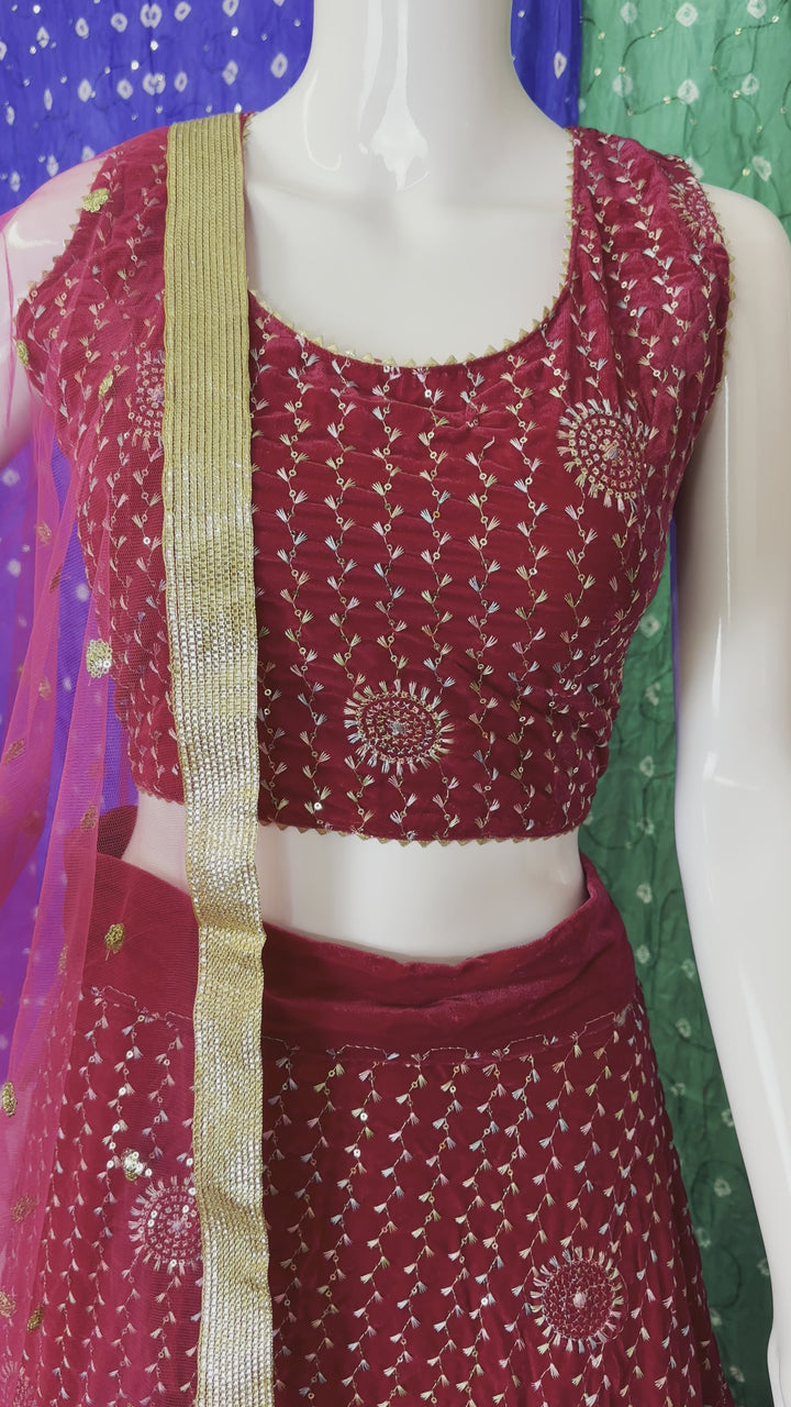 Video of Pink Velvet Lehenga Choli - Adjustable Blouse 38"-42" | Versatile Design | Ideal for All Events - Shree Shringar
