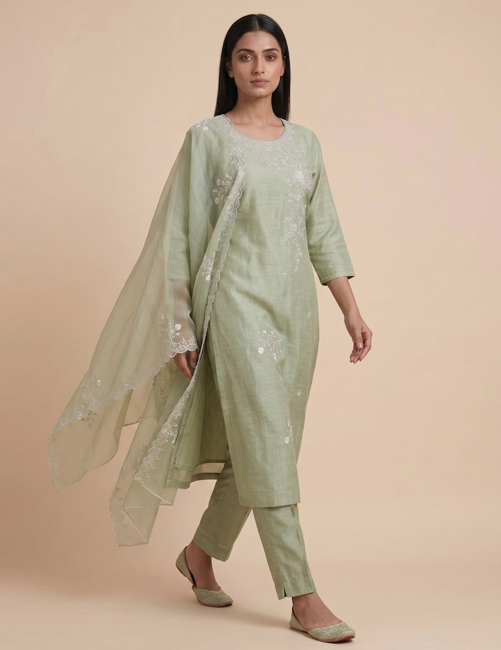 sage green floral embroidered kurti set with straight trousers and dupatta UK