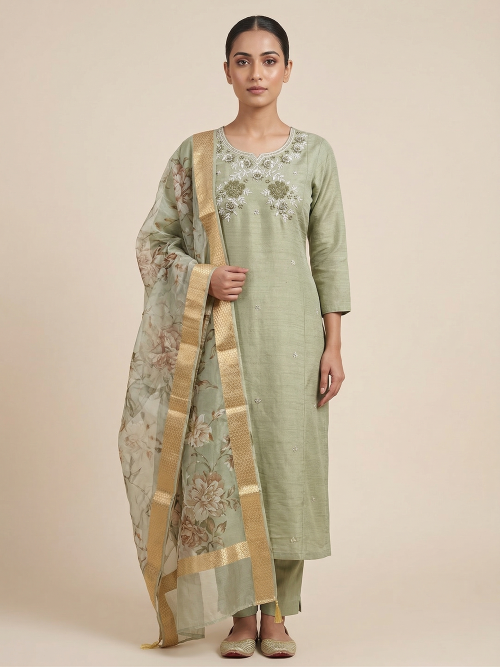 Sage mint green cotton kurta set for women with straight pants and floral printed dupatta.