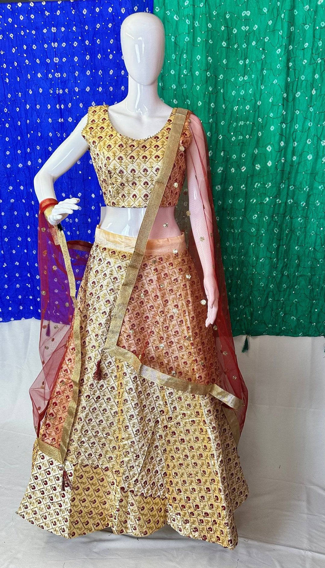 Regal Gold Lehenga Choli with Red Floral Accents - Adjustable Blouse & Free-Size Skirt with Elegant Net Dupatta - Shree Shringar
