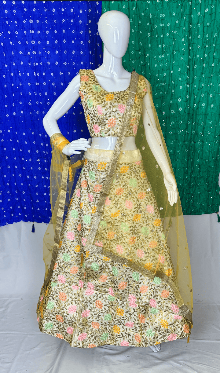 Floral Thread Work Gold Lehenga Choli - Versatile Blouse Size & Elegant Net Dupatta - Shree Shringar