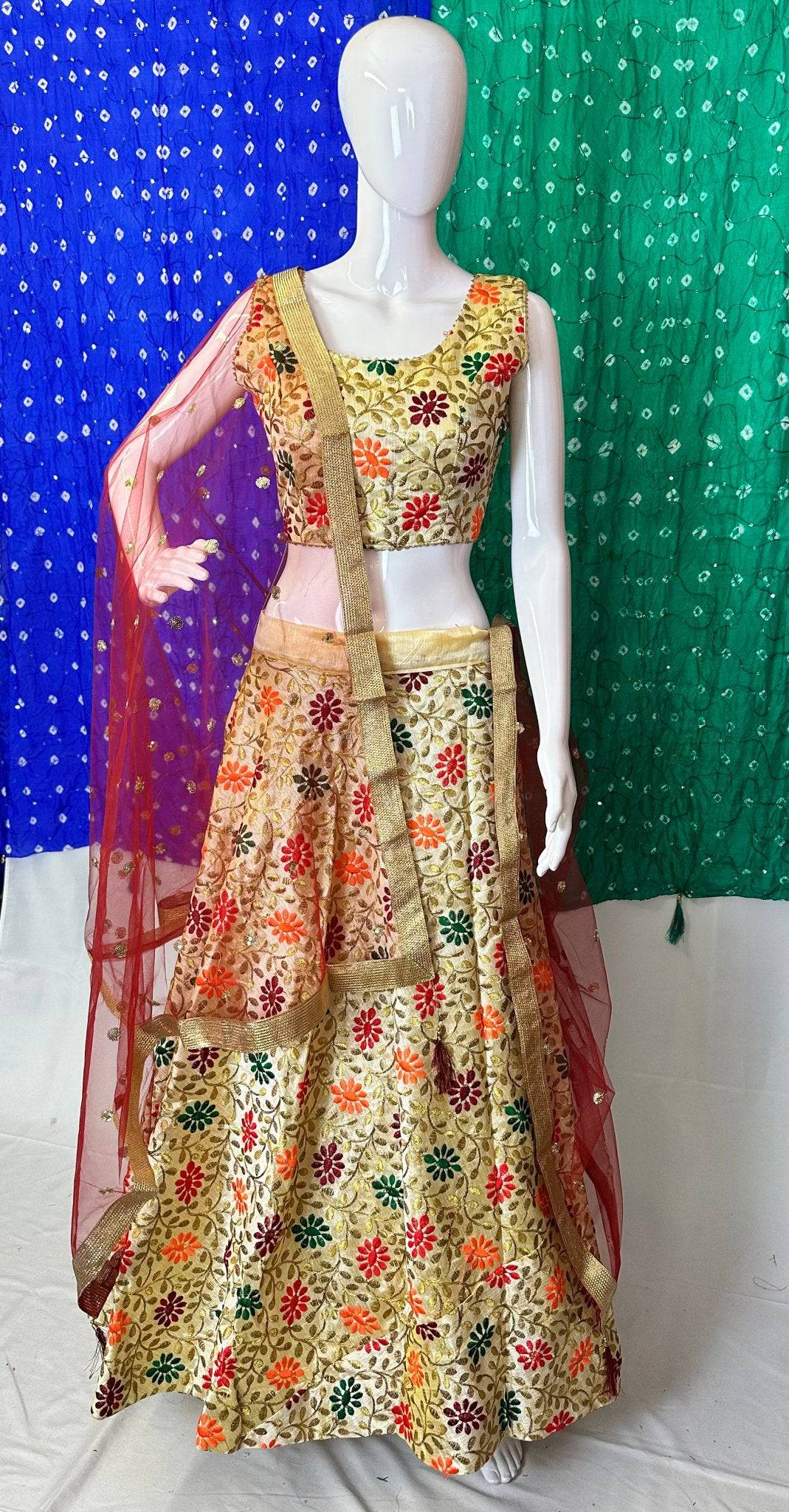 Floral Thread Work Gold Lehenga Choli - Versatile Blouse Size & Elegant Net Dupatta - Shree Shringar