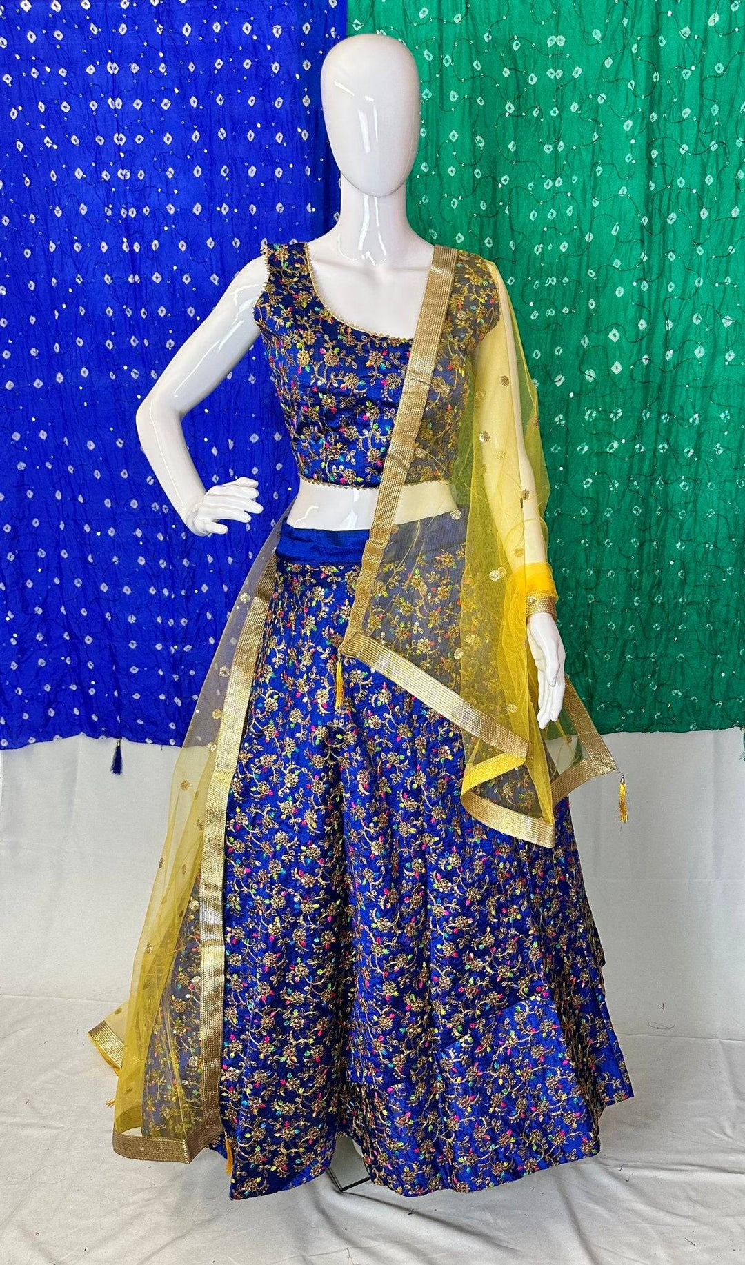 Elegant Multicolour Floral Lehenga Choli Set - Adjustable Blouse & Flowy Free-Size Skirt with Delicate Net Dupatta - Shree Shringar