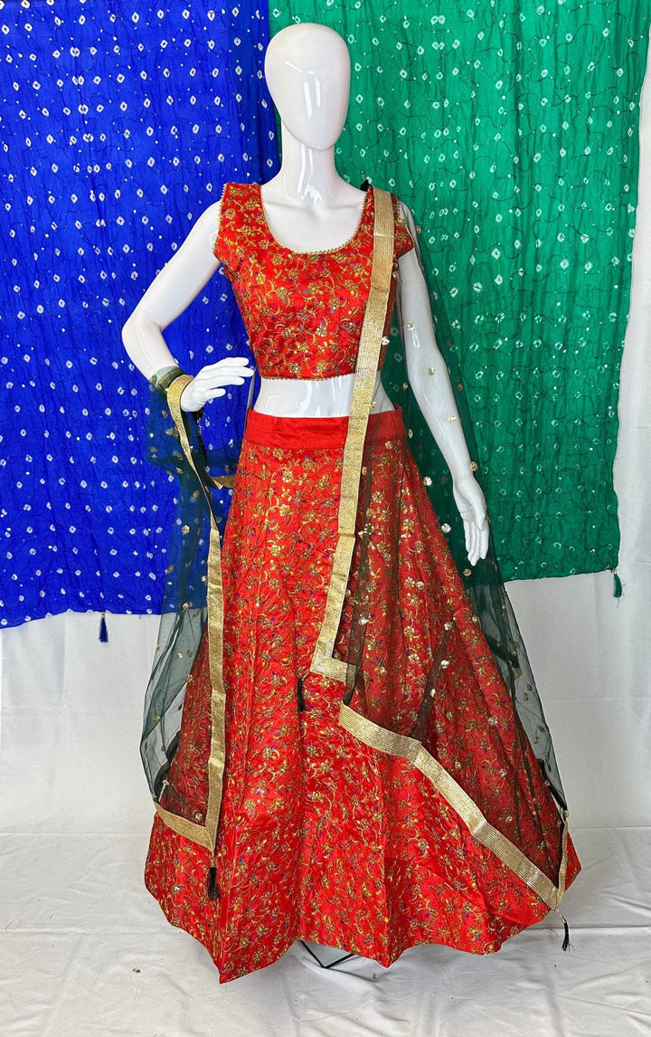 Elegant Multicolour Floral Lehenga Choli Set - Adjustable Blouse & Flowy Free-Size Skirt with Delicate Net Dupatta - Shree Shringar