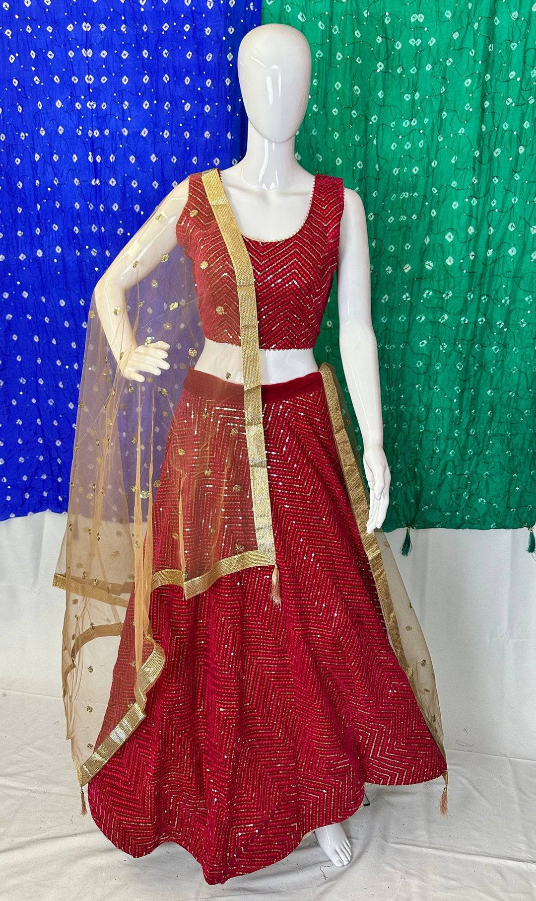 Elegant Velvet Sequined Lehenga Choli - Blouse Size 38"-42" | Radiant Zigzag Pattern | Best for All Events - Shree Shringar