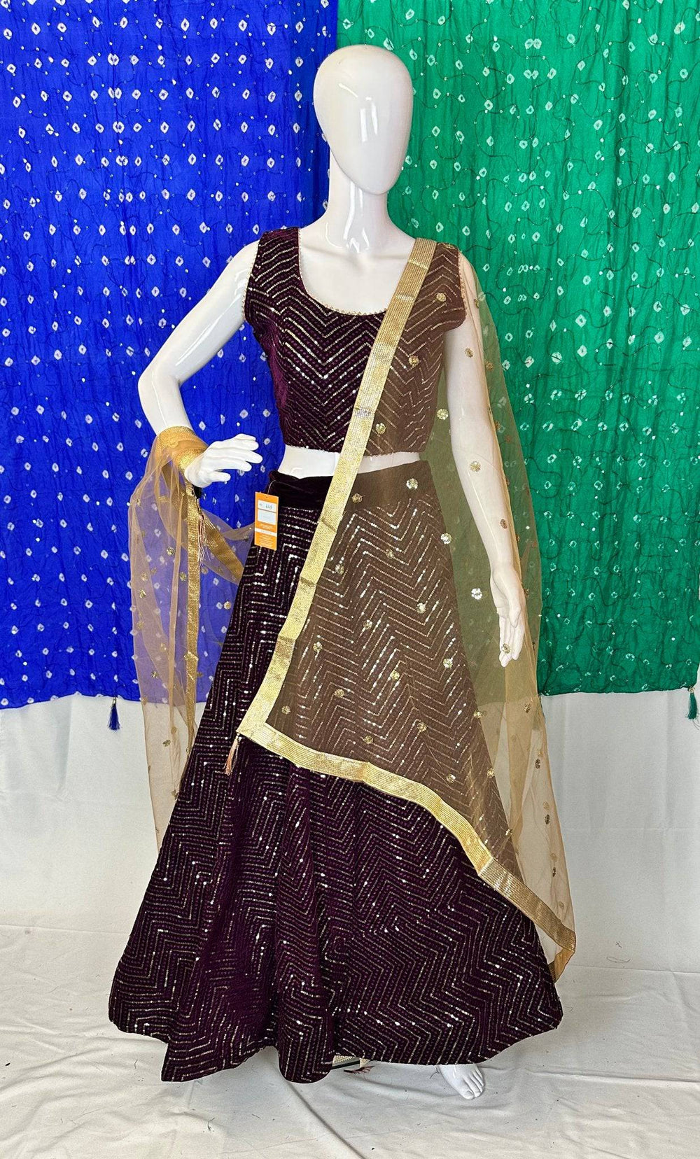 Elegant Velvet Sequined Lehenga Choli - Blouse Size 38"-42" | Radiant Zigzag Pattern | Best for All Events - Shree Shringar