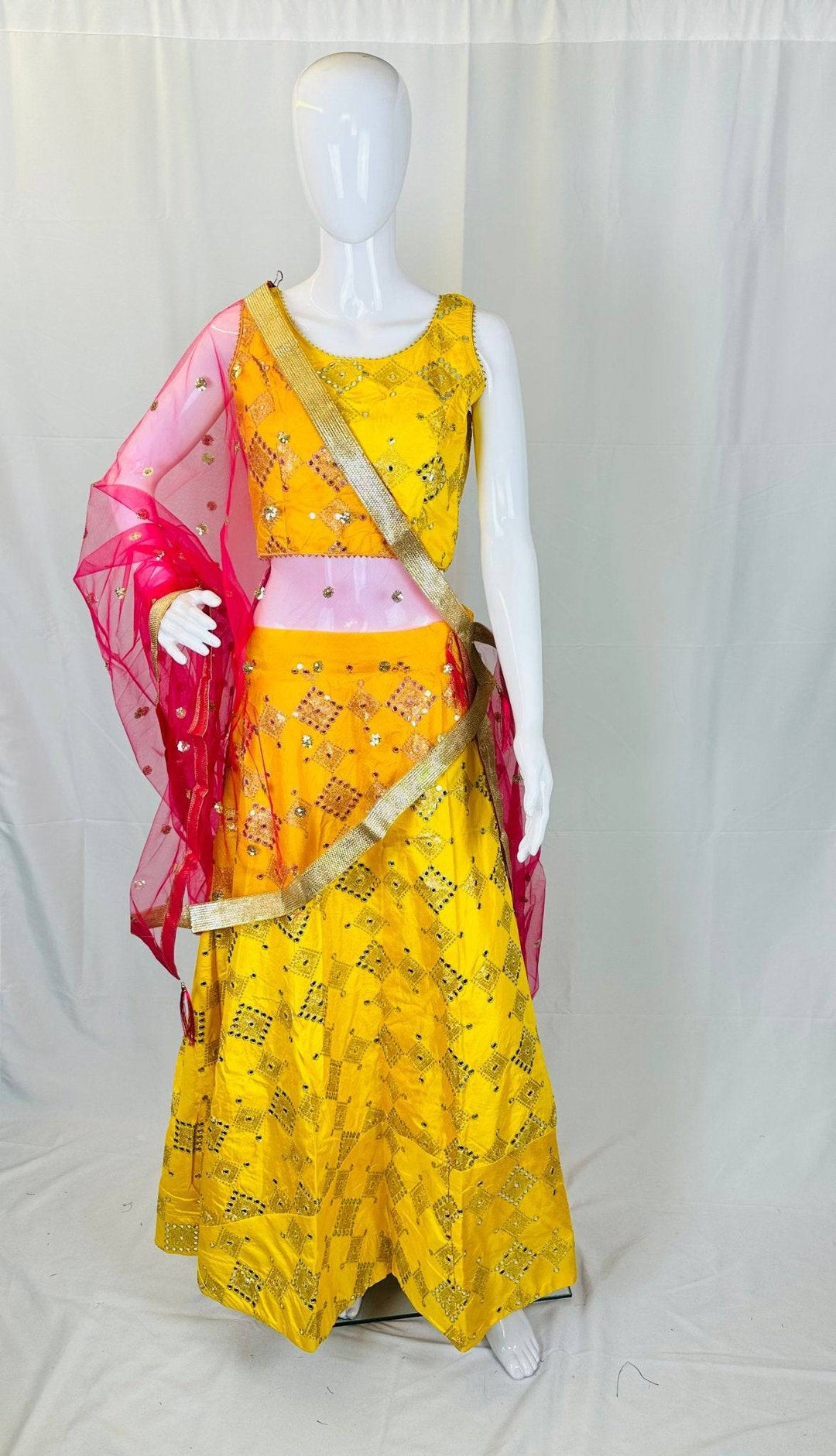 Gold Sequin Lehenga Choli Set - Adjustable Blouse & Free-Size Skirt with Net Dupatta - Shree Shringar