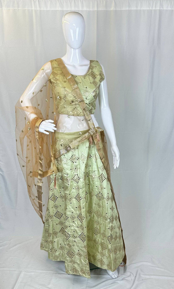 Gold Sequin Lehenga Choli Set - Adjustable Blouse & Free-Size Skirt with Net Dupatta - Shree Shringar