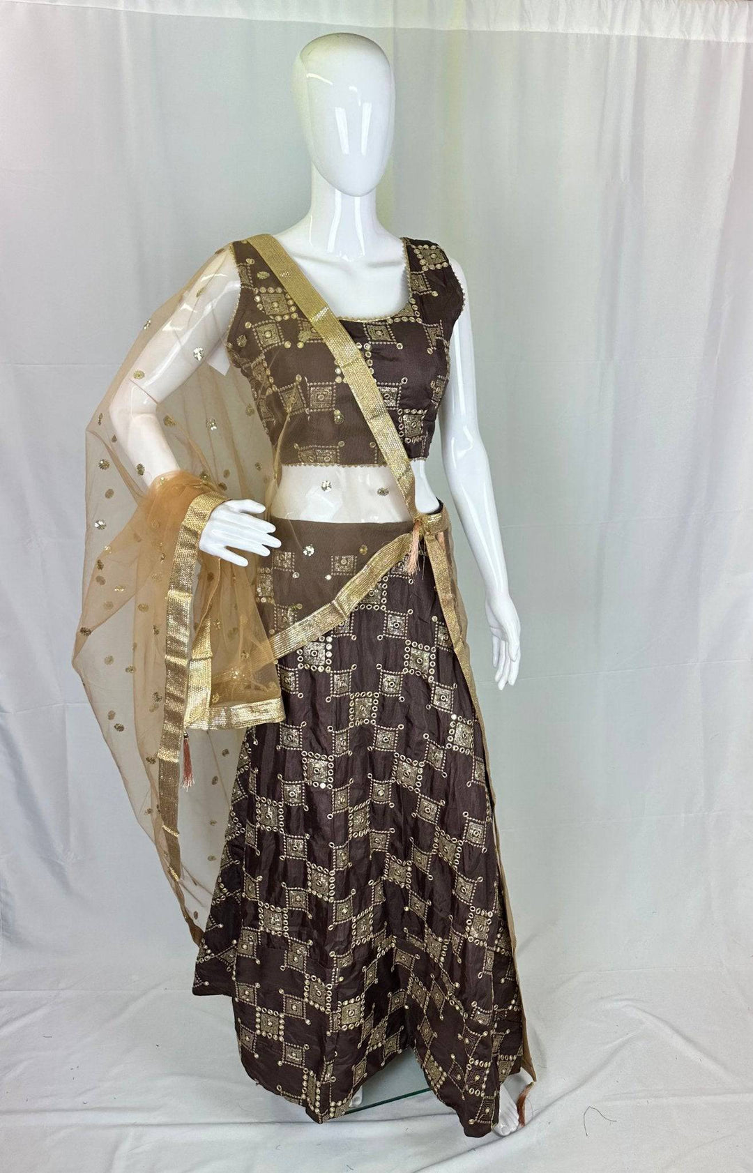 Gold Sequin Lehenga Choli Set - Adjustable Blouse & Free-Size Skirt with Net Dupatta - Shree Shringar