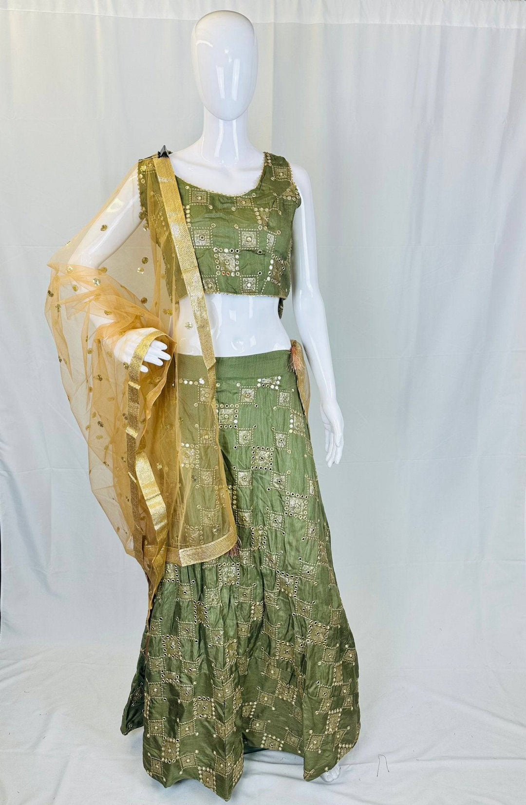 Gold Sequin Lehenga Choli Set - Adjustable Blouse & Free-Size Skirt with Net Dupatta - Shree Shringar