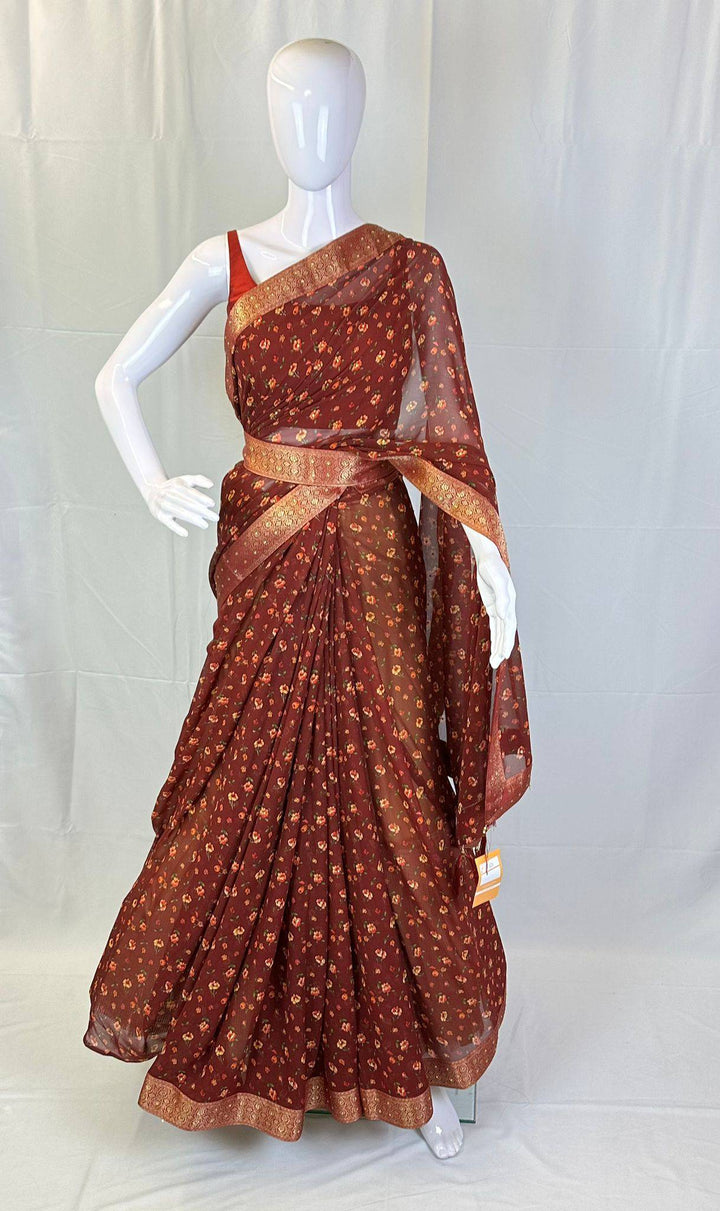 Elegant Georgette Floral Printed Saree with Stone Work Border | Matching Belt & Unstitched Blouse Included - Shree Shringar