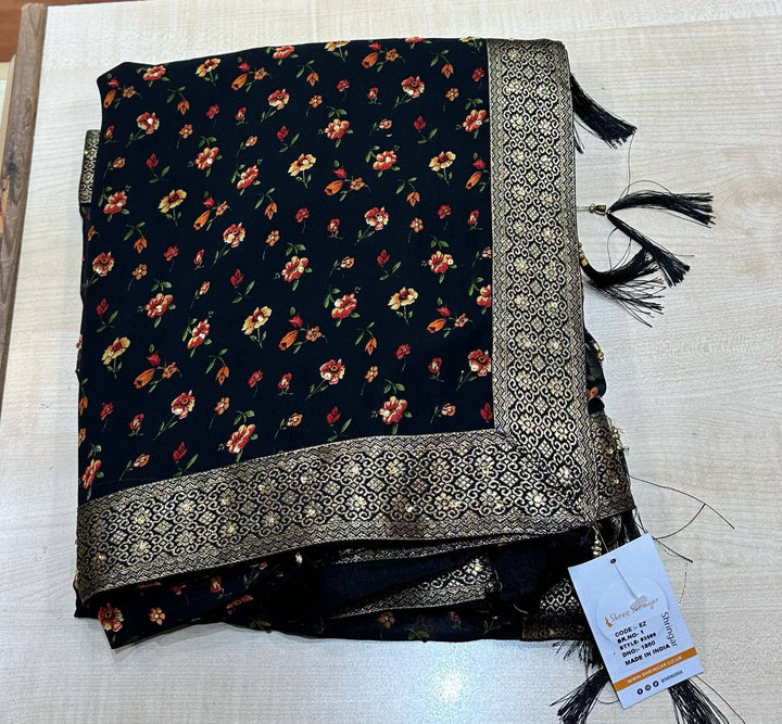 Elegant Georgette Floral Printed Saree with Stone Work Border | Matching Belt & Unstitched Blouse Included - Shree Shringar